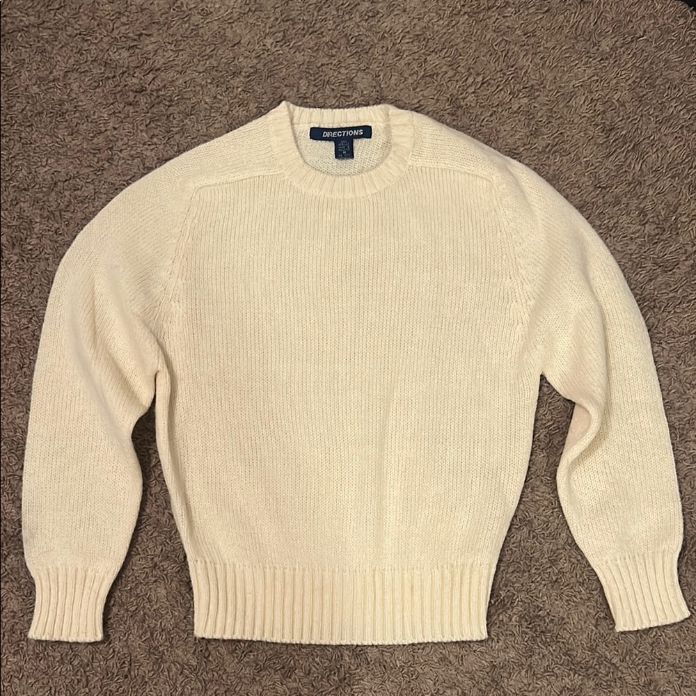 Cream Crewneck Sweater with Ribbed Collar and Textured Knit